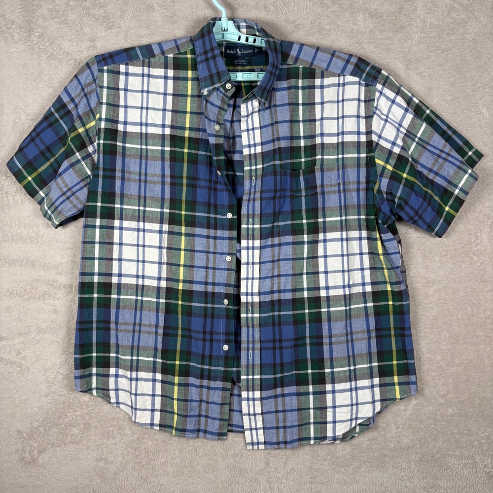Ralph Lauren Big Shirt Mens Large Plaid Short Sleeve Button Down Flesh Pony FLAW